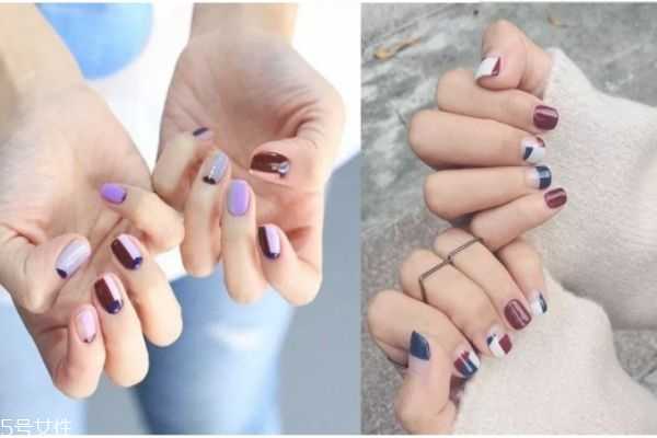 莫兰迪色美甲图 几何线条美甲图片