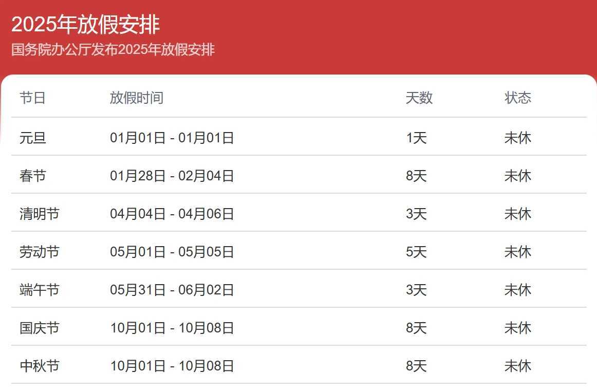 2025年假期放假时间表 2025年假期放假时间表